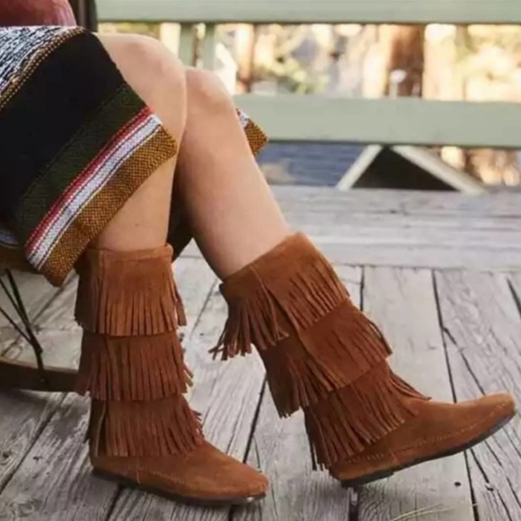 Minnetonka Shoes - Minnetonka Fabulous Fringe Moccasins Suede 3-Layer Mid Calf Boot Brown Size 7